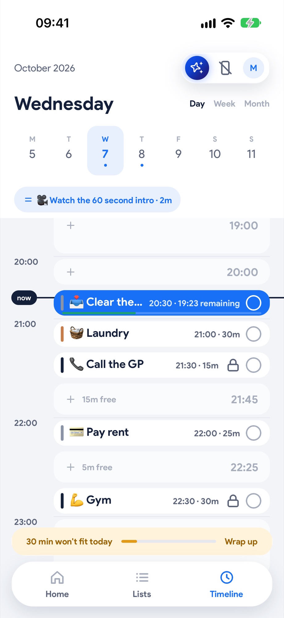 The Timeline: an hour looks like an hour, the current task in blue