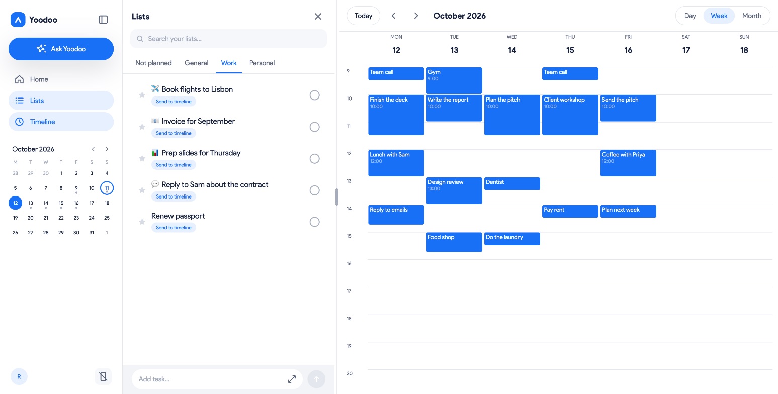 The Week view: Monday to Friday planned, with the Work list open beside it