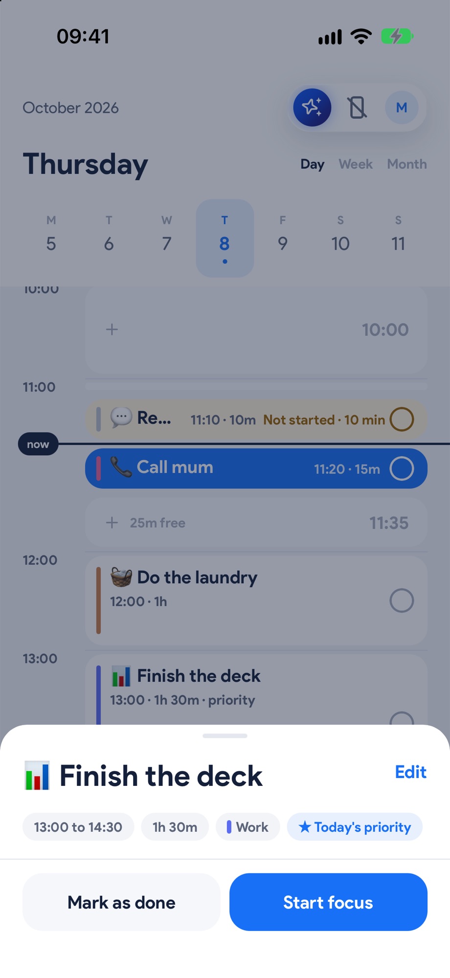 A task's sheet with Start focus