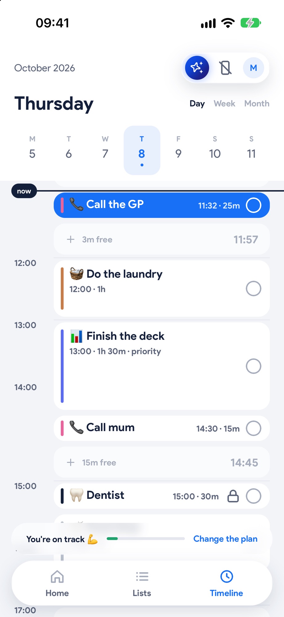 A planned day: the current task in blue, a locked dentist, and gaps still free